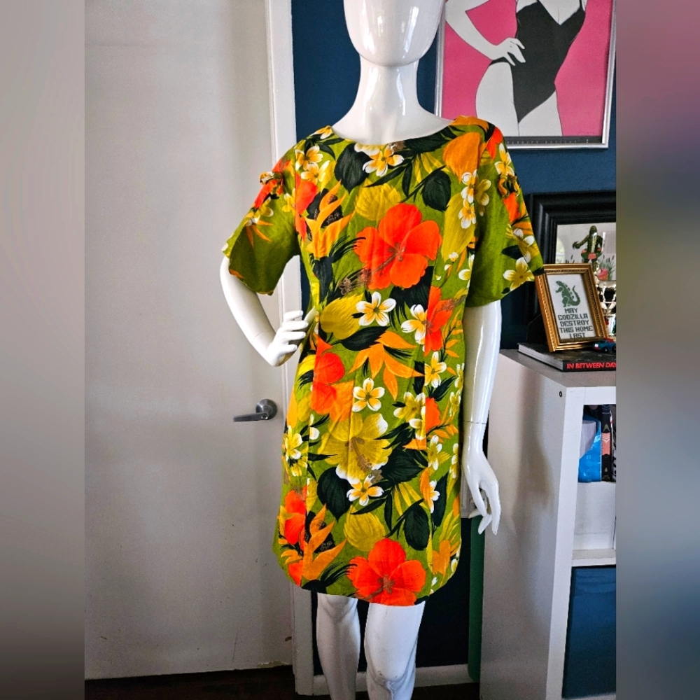 Vintage Sears Fashions Hawaiian Floral Shift Mini Dress L 10 12